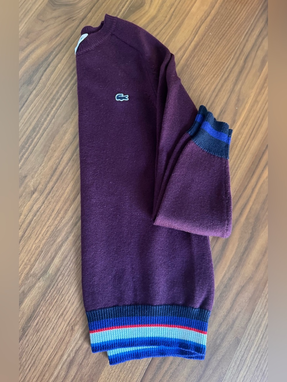 Lacoste Men's Plum Crewneck Sweater with Striped Trim